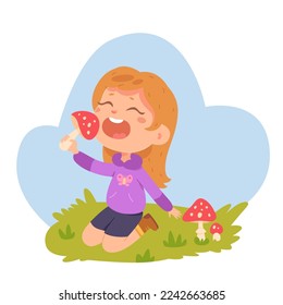 Ilustración vectorial de hongos venenosos para los niños. Niña caricaturista sentada en el prado de hierba de verano y sosteniendo la mosca agaric con gorra roja para comer, veneno en la comida y peligro de hongos no comestibles para los niños