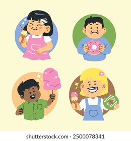 Kid eating sweets cartoon illustration set