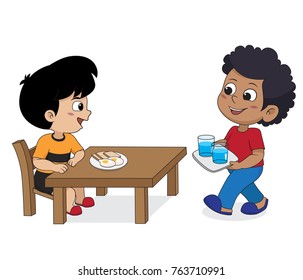 Kid eating and talking with friends.Vector and illustration.