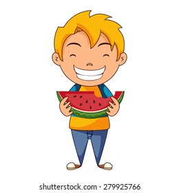 Kid eating watermelon, vector illustration