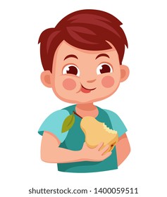 kid eats a fruit pear with a good appetite.