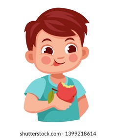 kid eats a red Apple with a good appetite.