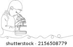 Kid education logo, Technology logo, Outline sketch drawing of young boy using microscope, line art vector illustration silhouette boy using microscope