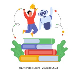 Kid with education process concept. Boy with goblet near bot at stack of books. Learning, reading and training. Knowledge and information. Teen with self development. Cartoon flat vector illustration