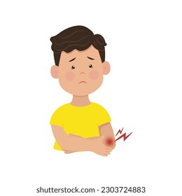 Dolor en la oreja, niño sosteniendo su oreja sacudida de dolor, ilustración vectorial. Otitis infecciones de oído en niños.