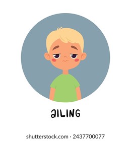 Emoción infantil con el personaje del niño enfermo en forma redonda Mostrar ilustración vectorial de expresión facial
