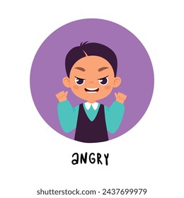 Kid Emotion with Angry Boy Character in Round Shape Show Face Expression Vector Illustration