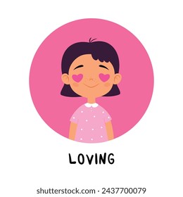 Kid Emotion with Loving Girl Character in Round Shape Show Face Expression Vector Illustration