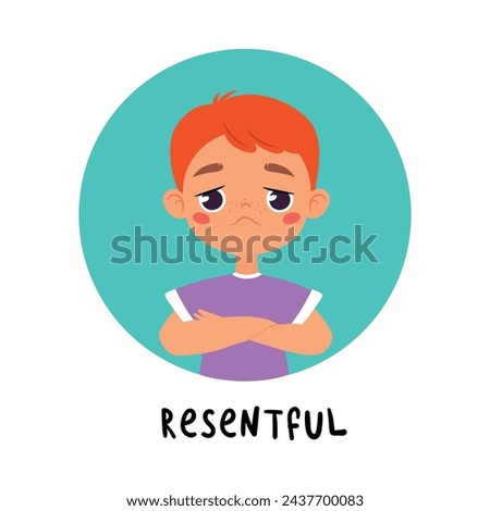 Kid Emotion with Resentful Boy Character in Round Shape Show Face Expression Vector Illustration
