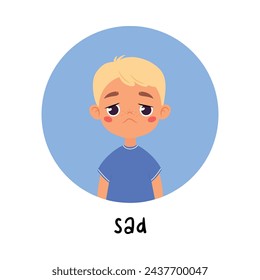 Kid Emotion with Sad Boy Character in Round Shape Show Face Expression Vector Illustration