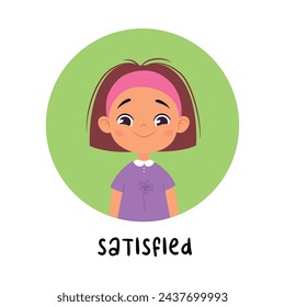 Kid Emotion with Satisfied Girl Character in Round Shape Show Face Expression Vector Illustration