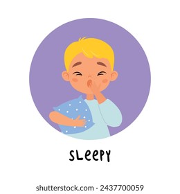 Kid Emotion with Sleepy Boy Character in Round Shape Show Face Expression Vector Illustration