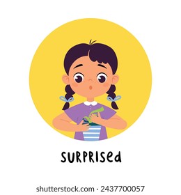 Kid Emotion with Surprised Girl Character with Gift Box in Round Shape Show Face Expression Vector Illustration