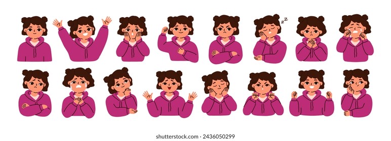 Kid emotions, facial expressions set. Childs face in different mood. Happy, upset, sad, surprised, joyful, bored and angry girl character. Flat vector illustrations isolated on white background