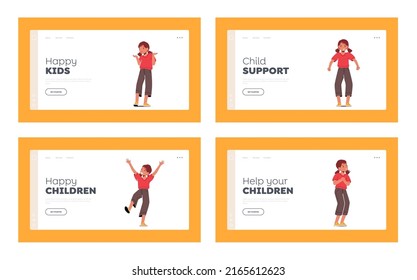 Kid Emotions Landing Page Template Set. Surprised, Happy, Shocked, Angry and Crying Facial Expressions. Children Characters Expressing Different Feelings. Cartoon People Vector Illustratio