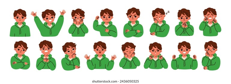 Kid emotions set. Child with different face expressions. Boy character, happy and sad mood. Angry, surprised, bored, excited, crying children. Flat vector illustrations isolated on white background