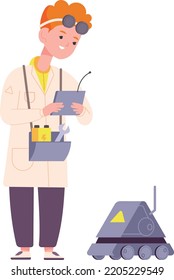 Kid engineer with robot. Boy testing space rover bot isolated on white background