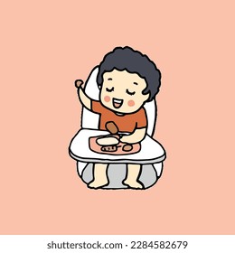 kid enjoy eating lunch, hand drawn style vector