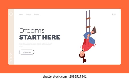 Kid Enjoy Freedom, Childhood Landing Page Template. Little Girl Hanging Upside Down on Rope Ladder, Child Swing on Playground, Fun and Recreation at Summer Vacation. Cartoon People Vector Illustration