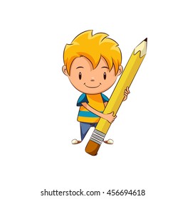 Kid erasing, big pencil, vector illustration