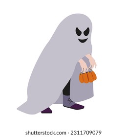 Kid with evil smiling ghost mantle, holding bags with candies. Halloween holiday character. Isolated vector illustration.