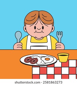 Kid excitedly holding utensils in front of a breakfast plate cartoon hand drawn retro illustration
