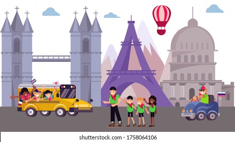 Kid excursion camp at sightseeing tour place, vector illustration. Summer tourism trip cartoon vacation at world background. Tourist in school journey, architecture flat city building.