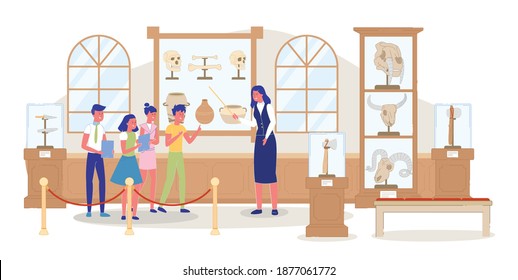 Kid Excursion at Public Archaeological Museum. Woman Guide Giving History Information. Children Group Listening Teacher. Showpiece Exhibition. Human Animal Skull, Ancient Dish. Vector Illustration