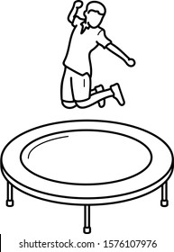 Kid exercising and jumping on a trampoline. Vector outline icon.