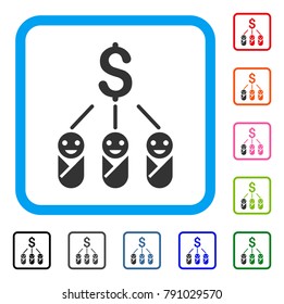 Kid Expenses icon. Flat grey iconic symbol inside a light blue rounded squared frame. Black, gray, green, blue, red, orange color variants of Kid Expenses vector. Designed for web and app UI.