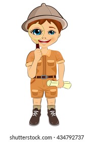 kid explorer boy with safari hat holding magnifying glass and treasure map isolated over white background