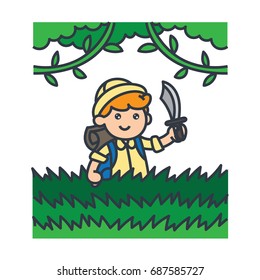 Kid explorer illustration. An adventure boy walking through a dense rain forest.