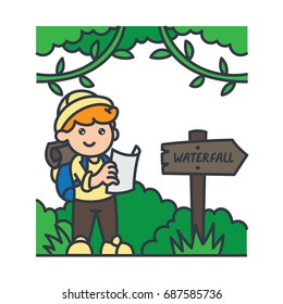 Kid explorer illustration. An adventure boy looking at a map, heading toward waterfall direction.