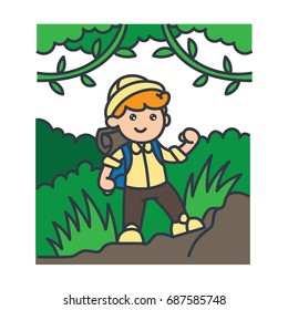 Kid explorer illustration. An adventure boy walking an uphill terrain