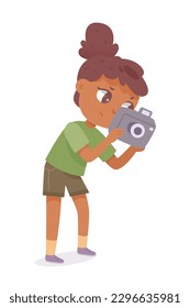 Kid explorer in scout outfit taking photo or video with digital camera vector illustration. Cartoon isolated happy little girl studying nature and world biodiversity, camp adventure of cute person