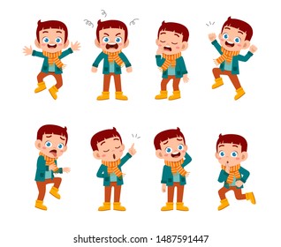 kid expressions wear autumn winter clothing vector