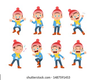 kid expressions wear autumn winter clothing vector