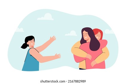 Kid extending arms to hugging girls flat vector illustration. Girl calling for love and attention. Friendship, togetherness concept for banner, website design or landing web page
