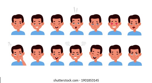 Kid face emotions set. Little cute boy different facial expressions, child portrait with smile and sadness, bored and surprised, various mood icons. Vector flat cartoon children character collection