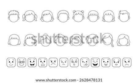 Kid face templates and cartoon emotions set, mix and match cartoon character faces and feelings, simple doodle line art style.