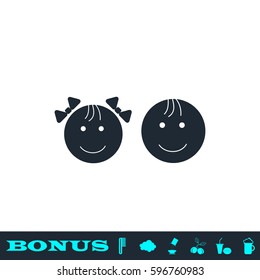 Kid faces icon flat. Black pictogram on white background. Vector illustration symbol and bonus button