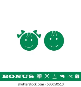 Kid faces icon flat. Green pictogram on white background. Vector illustration symbol and bonus button