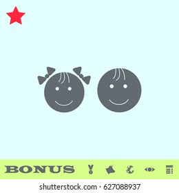Kid faces icon flat. Grey pictogram on blue background. Vector illustration symbol and bonus buttons medal, cow, earth, eye, calculator