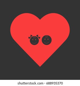 Kid faces icon flat. Simple pictogram on heart background. Vector illustration symbol