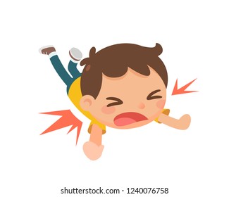 The Kid Falling To The Floor. Flat Character Design. Vector And Illustration.