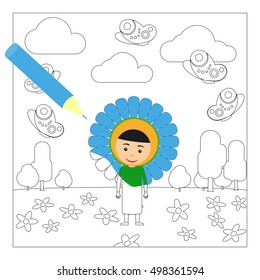 Kid in fancy flower dress in kindergarten. Coloring page for children. Vector illustration