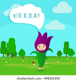 Kid in fancy flower dress with speech bubble in kindergarten. Vector Illustration