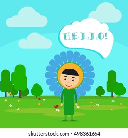 Kid in fancy flower dress with speech bubble in kindergarten. Vector Illustration