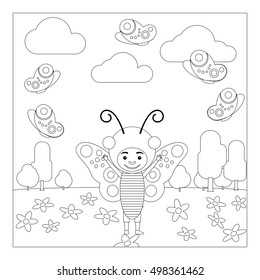 Kid in fancy insect dress in kindergarten. Coloring page for children. Vector illustration