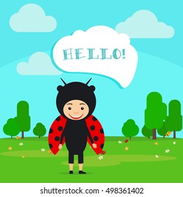 Kid in fancy insect dress with speech bubble in kindergarten. Vector Illustration